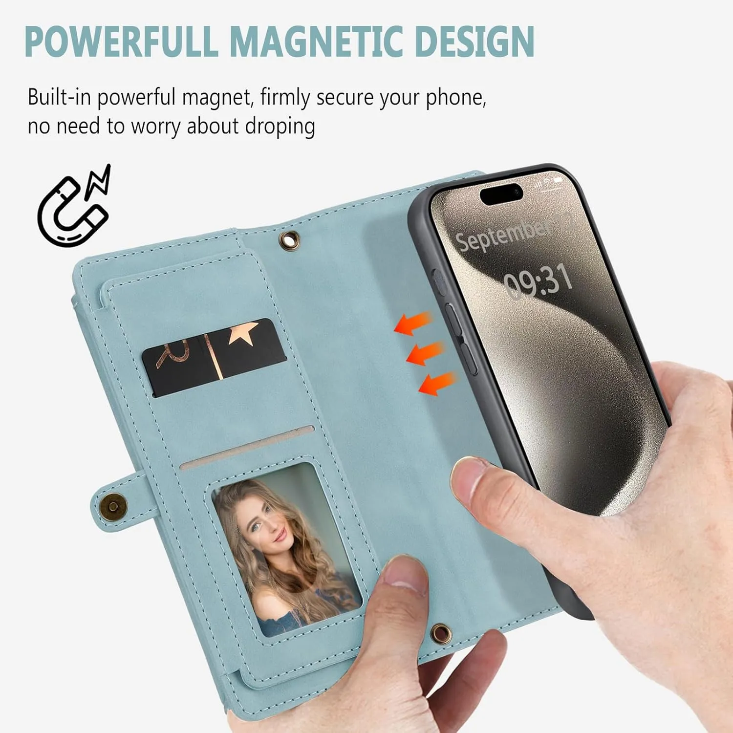 Wallet Case for iPhone 15 Pro Max with Card Holder/Crossbody Wallet/Strap,[RFID Blocking][Magnetic] PU Leather Shockproof Protective Cover iPhone 15 Pro Max Phone Case,6.7 in,Blue