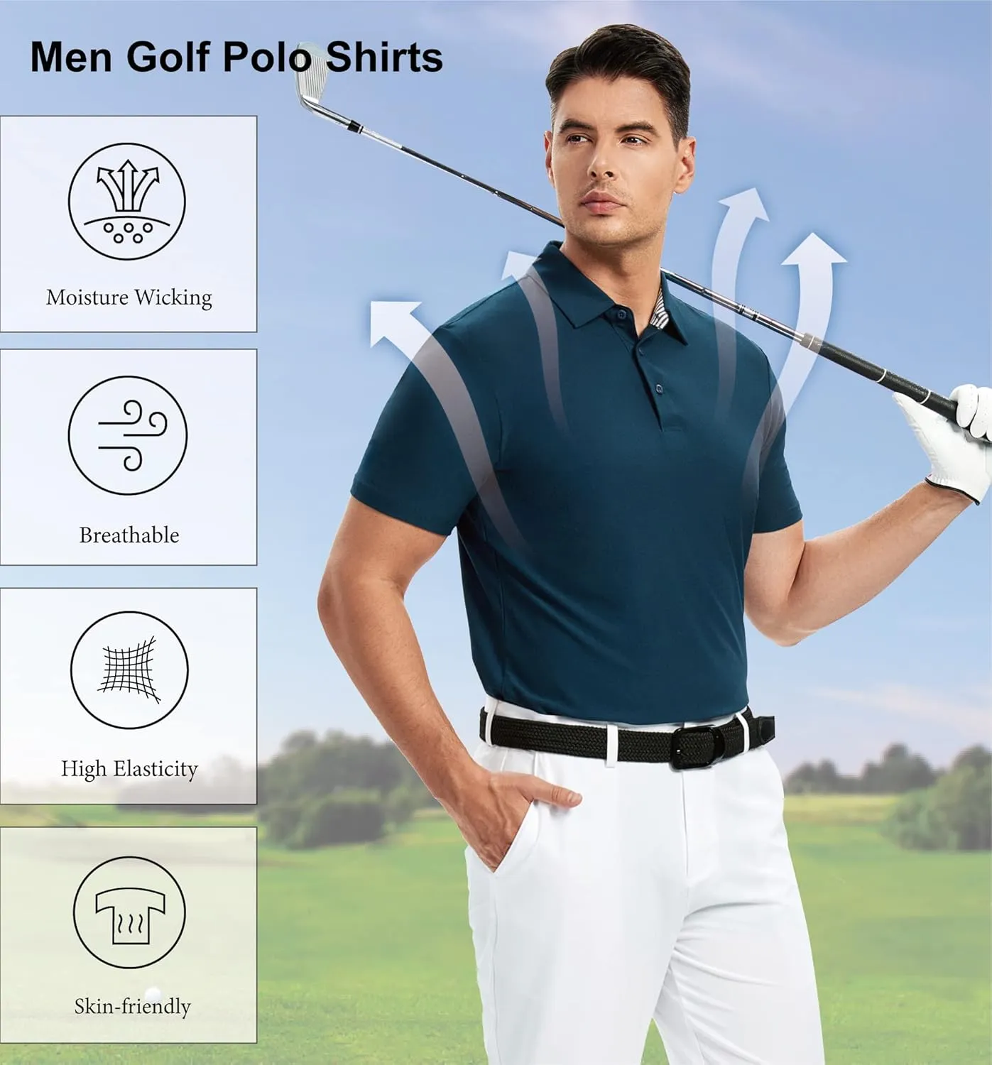 WARHORSEE Mens Golf Polo Shirts Short Sleeve Quick Dry, Performance Stretchy Casual Polo Shirts for Men