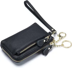 Women Genuine Real Leather Coin Purse with Hand Strap. 3 Zipper Small Wallet Wristlet with 3 credit cards slots Holder - Black