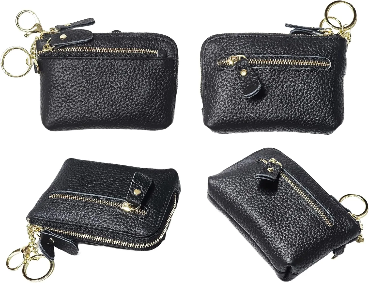 Women Genuine Real Leather Coin Purse with Hand Strap. 3 Zipper Small Wallet Wristlet with 3 credit cards slots Holder - Black