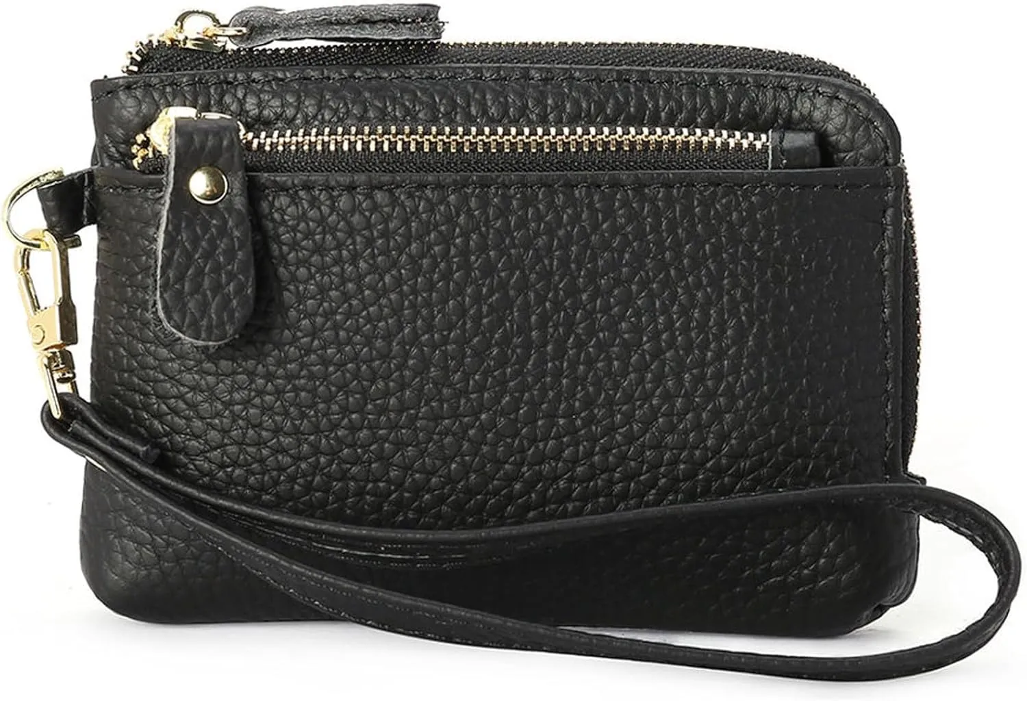 Women Genuine Real Leather Coin Purse with Hand Strap. 3 Zipper Small Wallet Wristlet with 3 credit cards slots Holder - Black