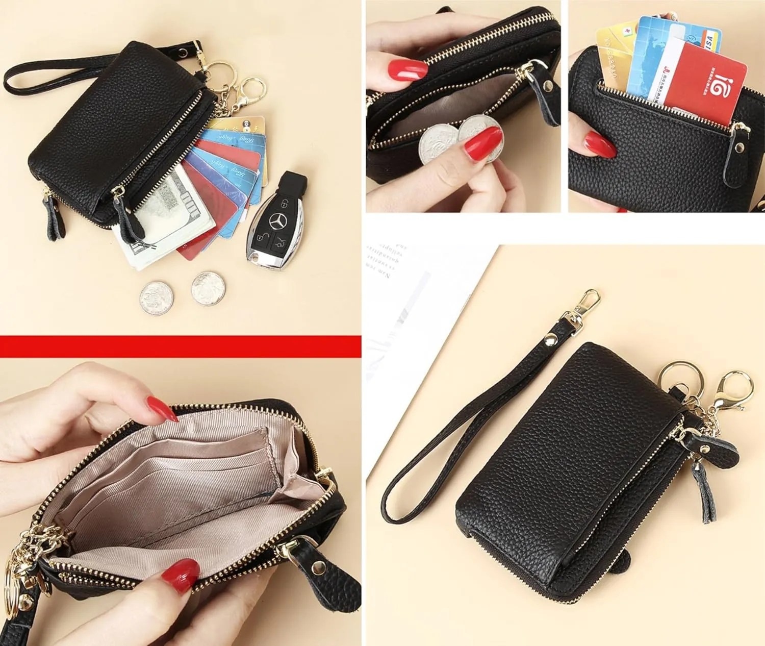 Women Genuine Real Leather Coin Purse with Hand Strap. 3 Zipper Small Wallet Wristlet with 3 credit cards slots Holder - Black
