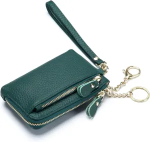 Women Genuine Real Leather Coin Purse with Hand Strap. 3 Zipper Small Wallet Wristlet with 3 credit cards slots Holder - Dark Green