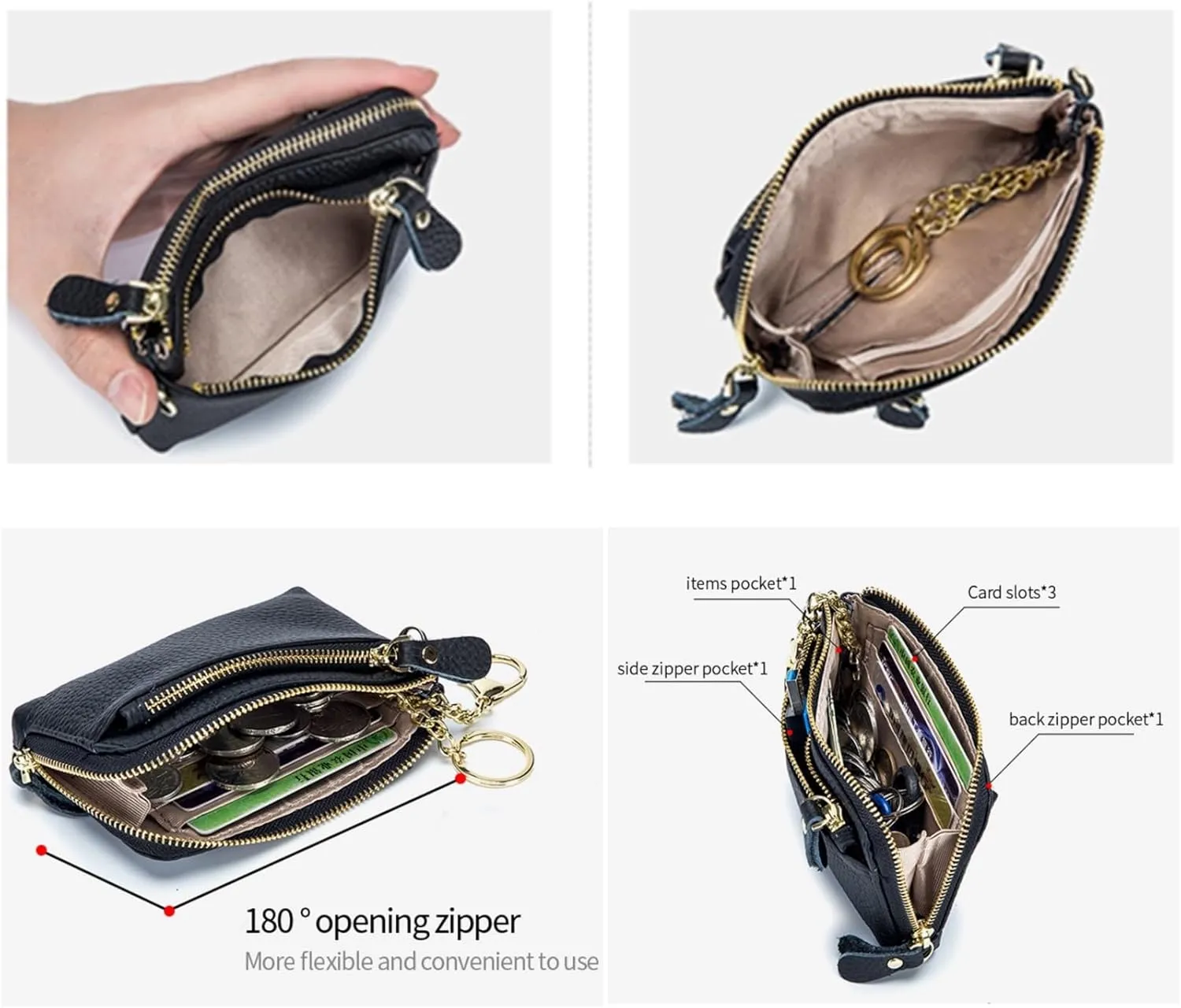 Women Genuine Real Leather Coin Purse with Hand Strap. 3 Zipper Small Wallet Wristlet with 3 credit cards slots Holder - Dark Green