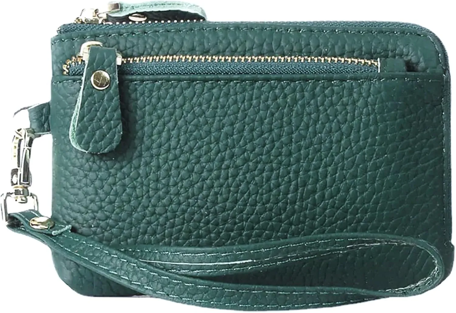 Women Genuine Real Leather Coin Purse with Hand Strap. 3 Zipper Small Wallet Wristlet with 3 credit cards slots Holder - Dark Green