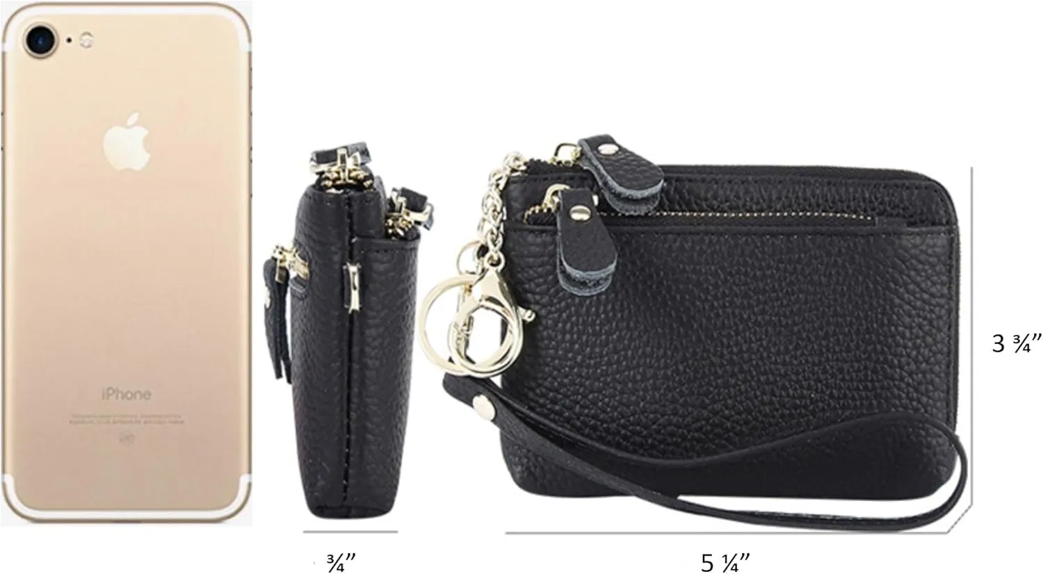 Women Genuine Real Leather Coin Purse with Hand Strap. 3 Zipper Small Wallet Wristlet with 3 credit cards slots Holder - Dark Green