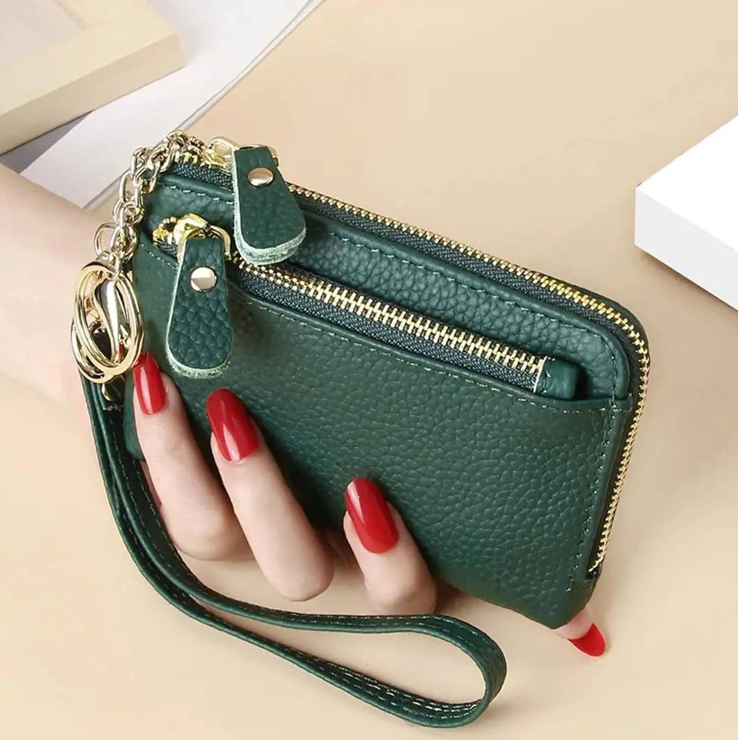 Women Genuine Real Leather Coin Purse with Hand Strap. 3 Zipper Small Wallet Wristlet with 3 credit cards slots Holder - Dark Green