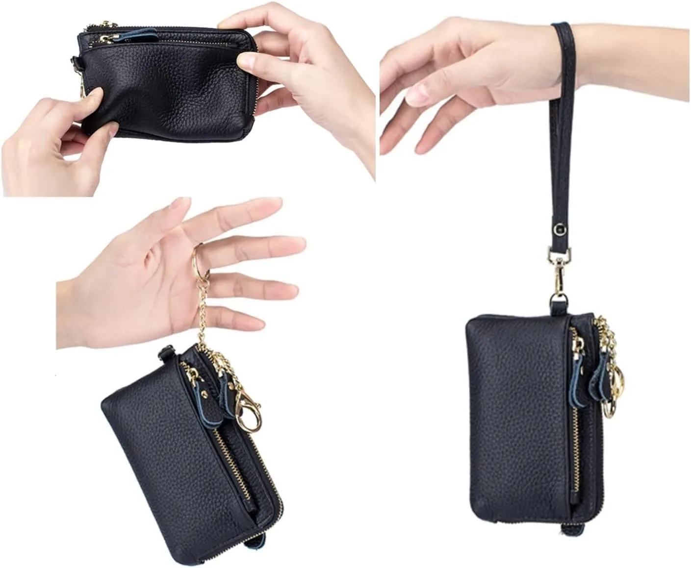 Women Genuine Real Leather Coin Purse with Hand Strap. 3 Zipper Small Wallet Wristlet with 3 credit cards slots Holder - Dark Green