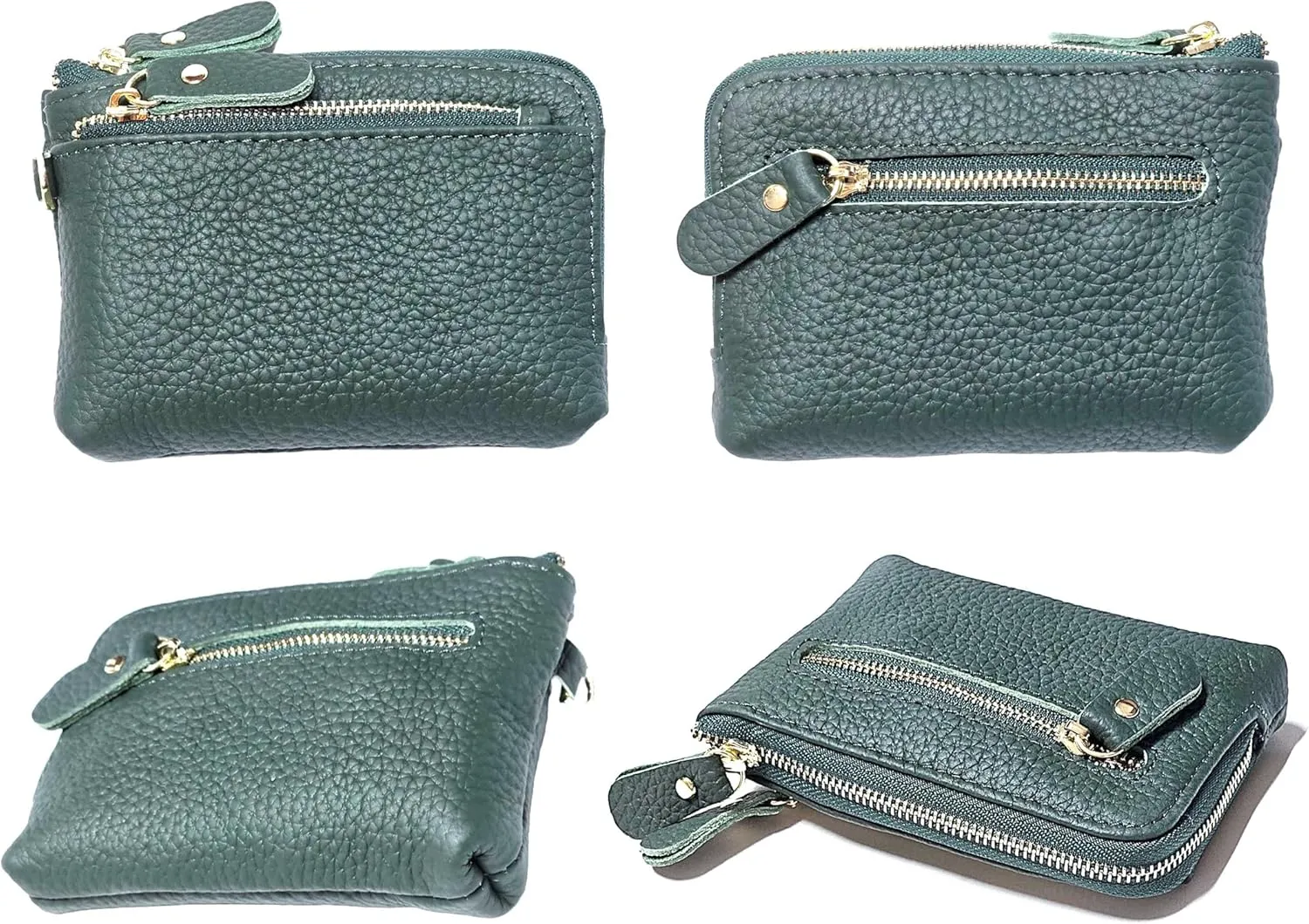 Women Genuine Real Leather Coin Purse with Hand Strap. 3 Zipper Small Wallet Wristlet with 3 credit cards slots Holder - Dark Green