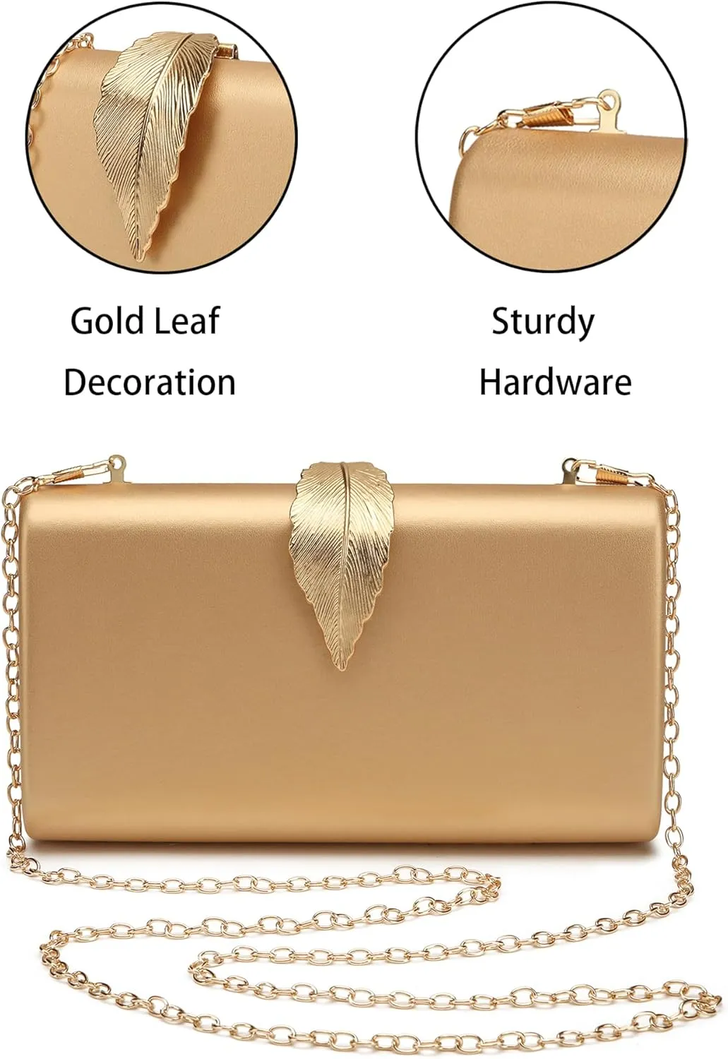 Women's Fashion Evening Bags with Golden Leaves Crossbody Shoulder Handbag Chain Removable
